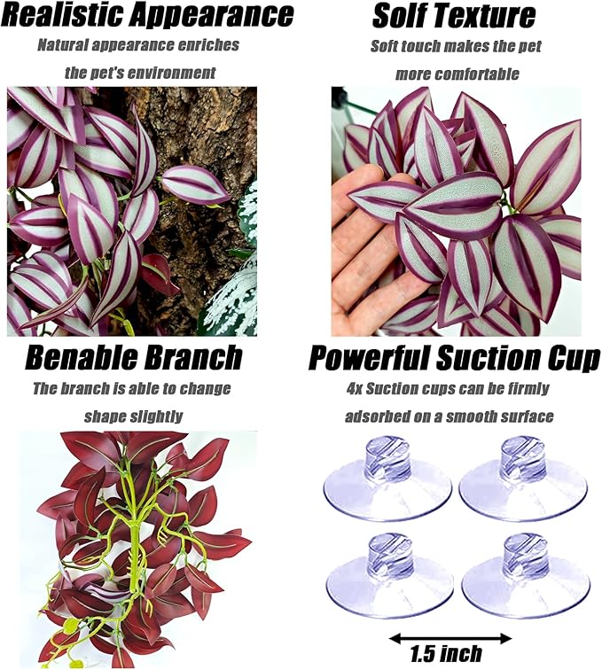 Woyrise 2 Pack Reptile Plants, Terrarium Hanging Plant Vines, Artificial Leaves with Suction Cup, Bearded Dragon Tank Accessories for Gecko Lizard Snake Frog Tortoise Decorations - Zebrina Purple