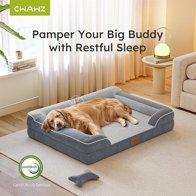 Jumbo Dog Bed for Extra Large Dogs, Orthopedic Dog Bed with Cooling Gel Memory Foam, Waterproof Pet Bed with Removable Washable Cover, 45" Pet Sofa Couch Dutch Velvet with Bone Toy, Dark Gray