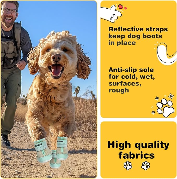Hcpet Dog Shoes for Large Dogs, Breathable Dog Booties for Small Medium Dogs, Anti-Slip Dog Boots & Paw Protectors for Hot Pavement Winter Snow Hiking with Reflective Straps Green Size 8