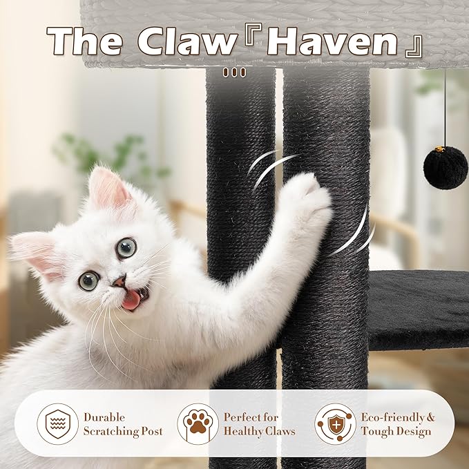 KAMABOKO Modern Cat Tree, 39" Tall Cat Trees for Indoor Cats, Cat Condo Natural Sisal with Scratching Posts, Hand-Woven Tower & Top Perch, Cat-Tree for Kittens Climb Play & Rest Black