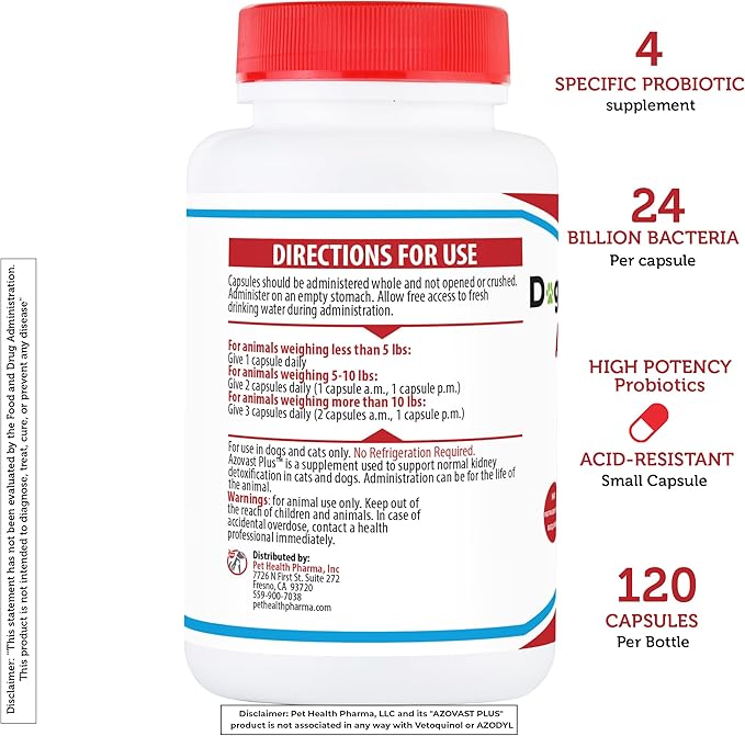 Azovast Plus Kidney Health Supplement for Dogs & Cats, 240ct - NO Refrigeration Required - Help Support Kidney Function & Manage Renal Toxins - Renal Care Supplement Capsule(U.S.A) (240 Caps)