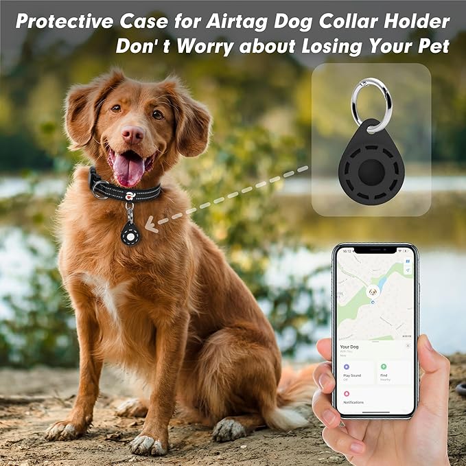 azuza Reflective Dog Collar with Airtag Holder, Soft Neoprene Padded Pet Collar with ID Tag Ring, Adjustable for Medium Dogs,Black,M