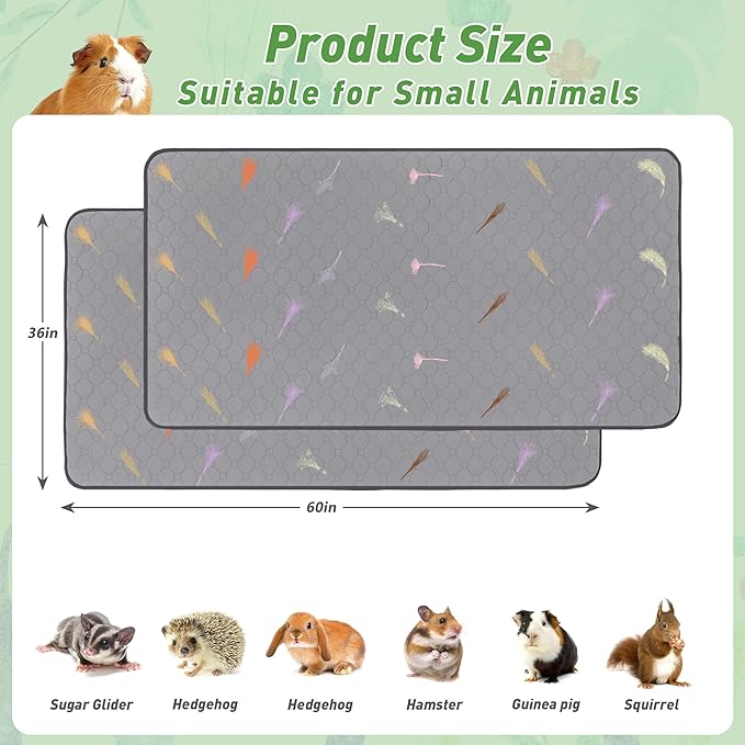 2Pcs Guinea Pig Cage Liners,Guinea Pig Fleece Cage Liners36''X60'' Super Absorbent Washable Pee Pads Reusable for Rabbit Hamster Chinchilla