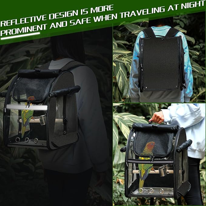 SUERTREE Bird Carrier Bag with Indestructible Stainless Steel Mesh, Bird Travel Cage with Stand, Easy to Clean Backpack for Parrot, Portable Bird Travel Bag, Pet Breathable Travel Cage, Black