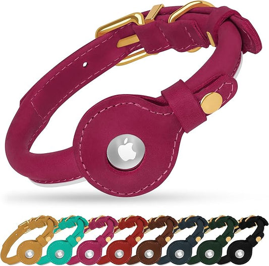 OOPSDOGGY Rolled Leather Dog Collar with Airtag Holder - Reflective Round Airtag Dog Collar - Soft Tracking Pet Collar for Small Dogs Puppy Cats Kitten (Pink, XXS, 7"-9")