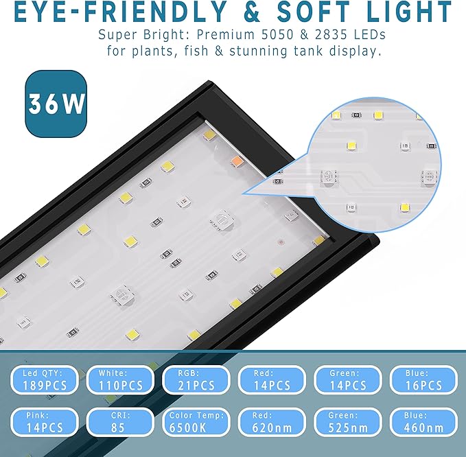 24/7 Mode LED Aquarium Light for 45-54 Inch Plant & Fish Tank, IP68 Full Spectrum Light, Sunrise-Daylight-Moonlight, White Red Green Blue Pink LEDs with Extendable Brackets for Freshwater