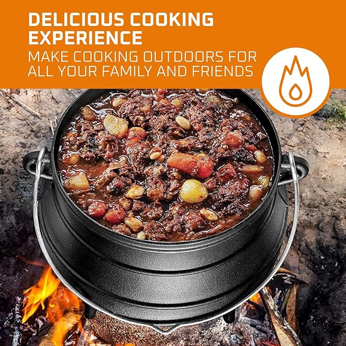 Bruntmor 12 Quart Cast Iron Dutch Oven Cauldron Pot - Camping Cookware with Lid - Pre-Seasoned Heavy-Duty Potjie for Stews, Soups, Braising, and Frying Over Fire Pit Grill or Camp Stove - Black