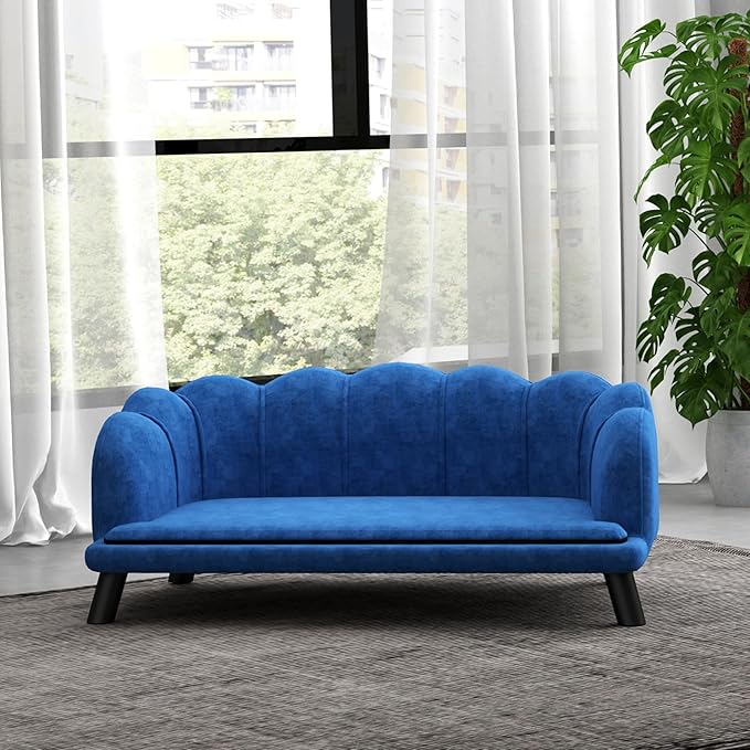PawHut Velvet Large Dog Couch with Foam Cushion, Soft and Cute Bed with Pearl Design, Sofa for Big and Medium Dogs, Dark Blue