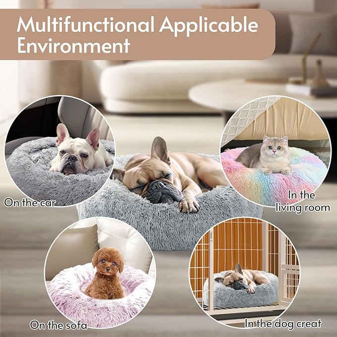 JOLLYVOGUE Medium Calming Dog Bed, Anti-Anxiety Donut Cuddler Cat Bed with Anti-Slip Bottom, Fluffy Faux Fur Machine Washable Pet Cushion for Medium Dog & Cat, 27"/Smoke Gray