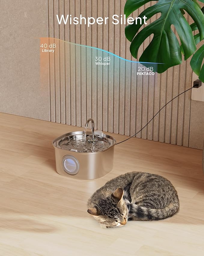 PEKTACO Cat Water Fountain, Pet Water Fountain for Cats/Dogs Indoor, Stainless Steel Cat Drinking Fountains with Water Level Window and 6 Filters + 6 Sponges(3.2L/108oz)