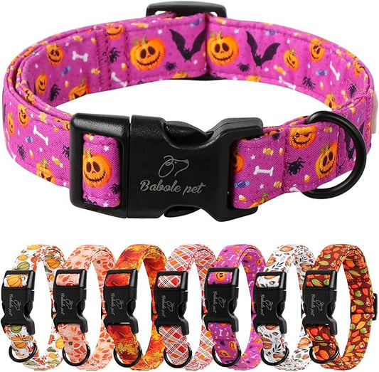 Halloween Dog Collar, Cute Pumpkin Bat Pattern Halloween Purple Puppy Collar, Soft Adjustable Cotton Dog Collars for Small Medium Large Boy&Girl Dogs M