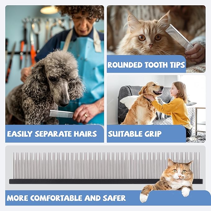 8.5 Inch Upgrade Black Professional Cat Comb,Dual-Tooth Pet Grooming Comb Anti-Static Smooth Rounded Corners Prevent Friction Breakage and Irritation,Removing Tangles,Knots,Undercoat and Excess Hair