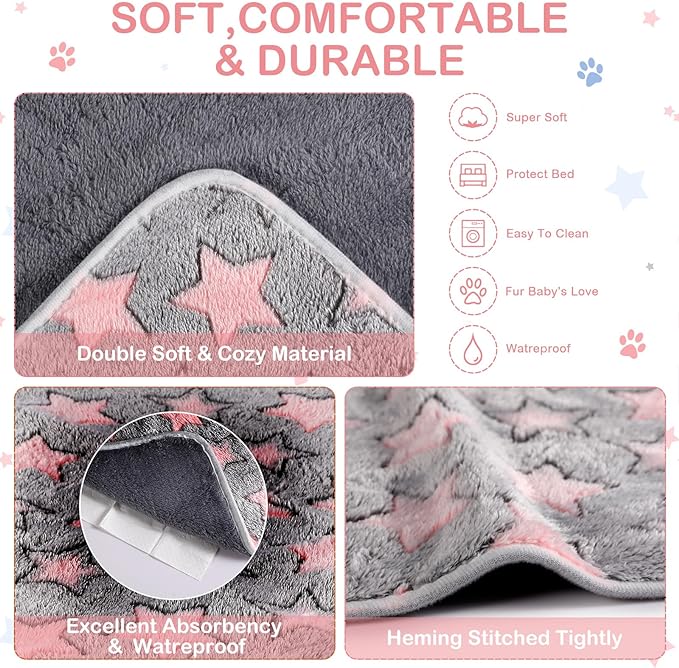 Reginary 4 Pcs Waterproof Guinea Pig Blankets Washable Small Animal Fleece Bedding Absorbent Guinea Pig Cage Liners Reusable Pet Pee Pad Sleep Mat for Hamster Ferret(Cute Star Pattern,12 x 12 Inch)