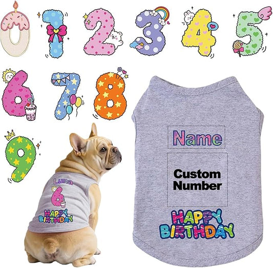 Custom Dog Birthday Shirt,Personalized Pet Apparel Print with Name Age Number,Pet Birthday Outfit,Lightweight Breathable Cotton Vest for Small Medium Large Dogs Cat (Grey, Small)