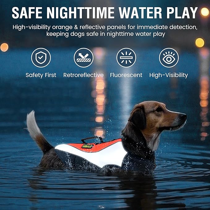 Adjustable Reflective Life Jacket for Medium Dogs - Buoyancy Swim Vest, Rescue Handle Dog Flotation Device, Beach Essentials, Dog Life Vests for Boating, Beach, Pool(M, Orange)