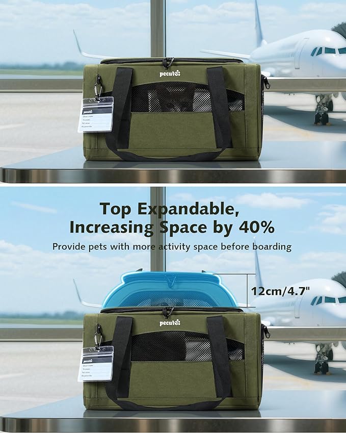 Pecute Expandable Pet Carrier Airline Approved Dog Cat Carrier, Breathable Soft-Sided with Locking Zippers, Pet Travel Bag for Small Dog Cat Anti-Scratch Mesh Leakproof Pee Pad (Dark Green)