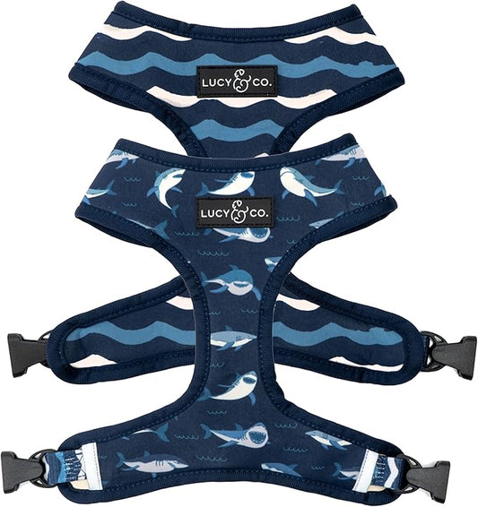 Reversible Dog Harness Walking Halter - Best Designer Pet Harnesses for Extra Small Medium Large XL Dogs Plus Pug Breeds - Padded Adjustable Puppy Vest for Easy Walking (Small, Shark Attack)