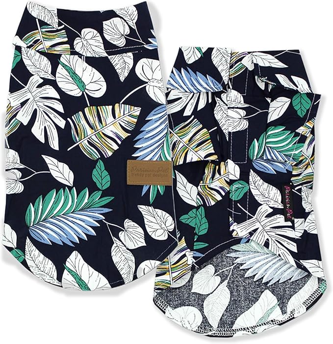 Parisian Pet Palm Leaves Shirt - 100% Cotton Summer Clothes - Stylish Beach Outfit for Dogs - Hook and Loop Closure Costume - Machine Washable - XL for Large Dogs