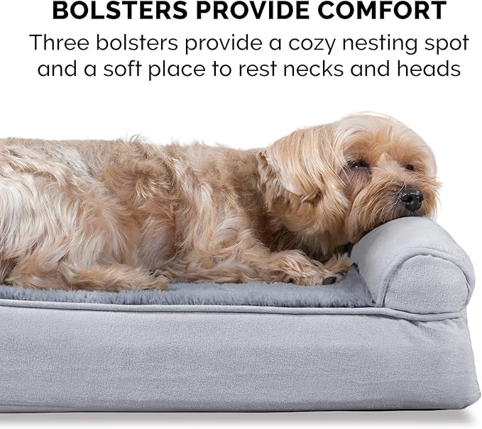 Furhaven Cooling Gel Dog Bed for Large/Medium Dogs w/ Removable Bolsters & Washable Cover, For Dogs Up to 55 lbs - Plush & Suede Sofa - Gray, Large