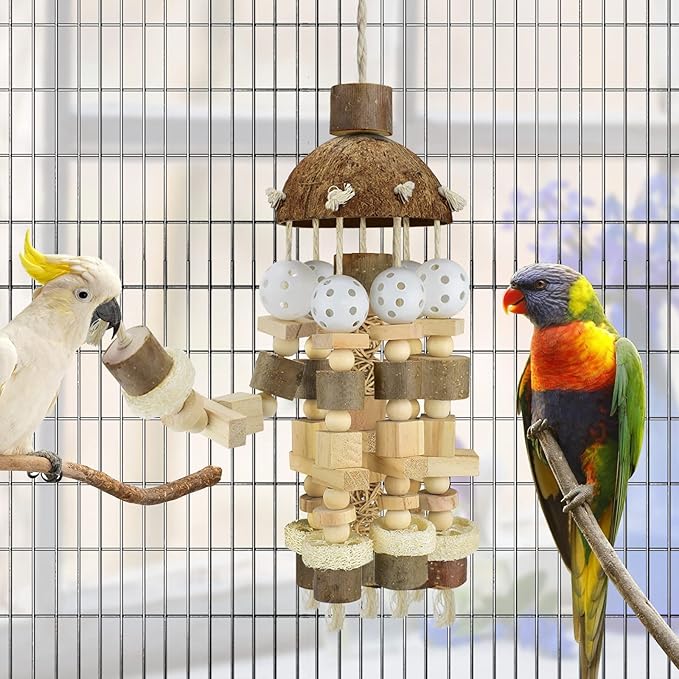 KATUMO Bird Toy, Large Parrot Natural Wooden Blocks Chewing Toy Suits for African Grey Cockatoos Amazon Parrots Large Medium Birds