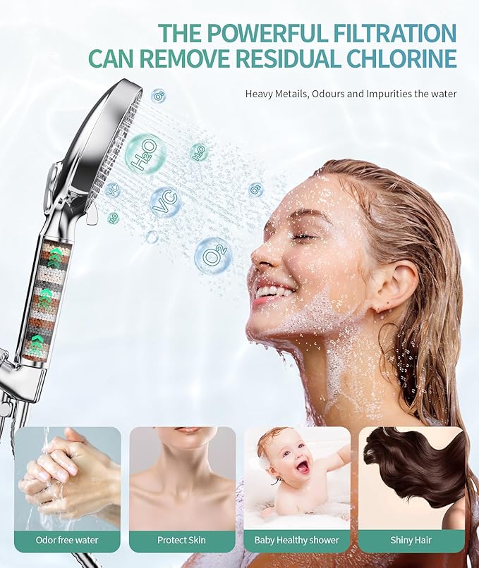 Filtered Shower Head with Handheld, High Pressure 9 Spray Mode Chrome Showerhead with Filters,detachable shower head,Water Softener Filters Beads for Hard Water -Remove Chlorine