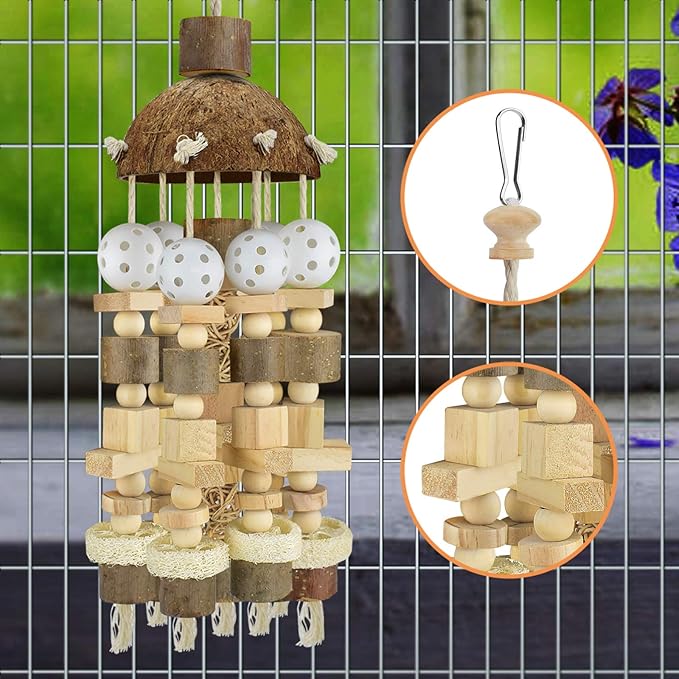 KATUMO Bird Toy, Large Parrot Natural Wooden Blocks Chewing Toy Suits for African Grey Cockatoos Amazon Parrots Large Medium Birds