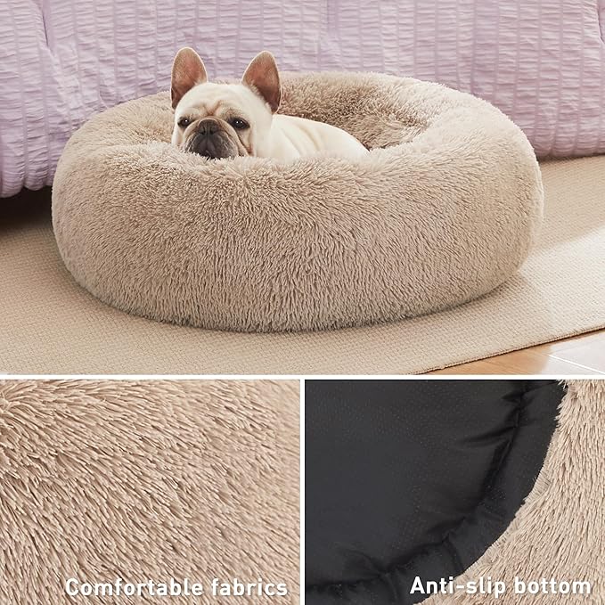 Love's Cabin Calming Dog & Cat Bed, Anti-Anxiety Donut Round for Indoor Cats, Small Medium Dogs, Fluffy Warming Pet Bed, Beige Taupe 20"/24"