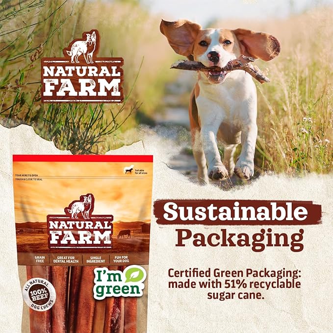 Natural Farm Odor-Free Collagen Chews, (12-Inch, 12-Pack), Long Lasting Bully Sticks & Rawhide Alternative Dog Treats, 95% Collagen, High Protein Best Dental Dog Treats – Medium & Large Dogs