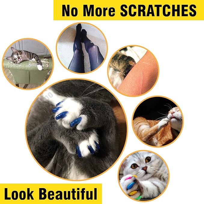 zetpo 80 pcs Cat Claw Covers | Cat Nail Caps | with Adhesives and Applicators (XS, White, Black, Blue Glitter, Sky Blue)