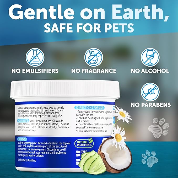 Dog Ear Wipes - 100 ct - Removes Wax and Dirt - Soothing Ear Cleaner Wipes for Dogs, Puppies - 100% Plant Based, Unscented with Coconut Oil - Ear Infection Treatment to Relief Itching & Inflammation