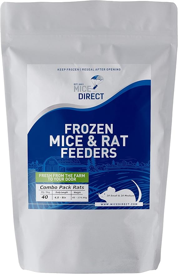 MiceDirect EST. 2003 40 Frozen Rat Combo Pack 20 Rat Smalls and 20 Rat Medium Feeders Snake Food for Juvenile Ball Pythons and Monitors (4.5-8 in)(2600 Grams Min)