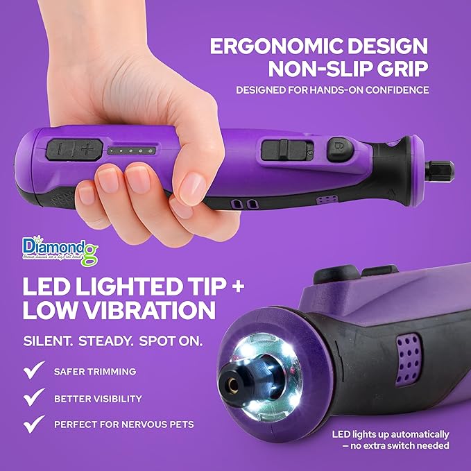 Diamondg Cordless Dog Nail Grinder with Quiet Sound & LED Tip for Large & Small Dogs, 4hrs. Runtime - Electric Dog Nail Trimmer, Heavy Duty Rotary Tool Alternative to Toenail Clippers & Filers