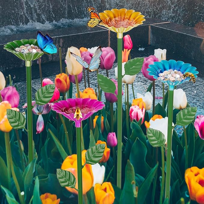 4 Pack Bee Watering Station, Bee Bath for Garden Metal Bee Water Feeder with Flower Design, Colorful Butterfly Bee Bath Bowl for Outdoor Garden Yard Decor (Red,Green,Blue,Yellow)