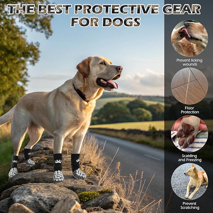 EXPAWLORER Anti Slip Dog Socks to Prevent Licking Paws, Shoes for Hot Pavement, Dog Booties for Small Medium Large Senior Dogs, Traction Control Boots & Paw Protectors for Hardwood Floors Black&Grey