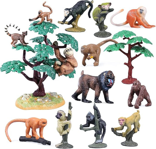 16Pcs Monkey Animal Figures Set, Assorted Wild Primate Toys with Sloth, Mandrill, Ring-Tailed Lemur Gorilla and Trees for Kids Educational Birthday Cake Decoration Party Favor School Projects
