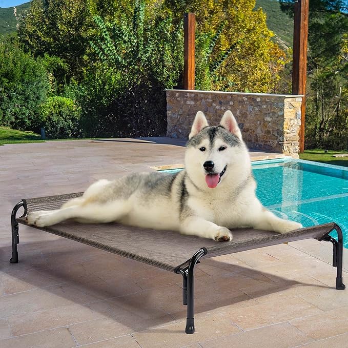 Veehoo XL Outdoor Elevated Dog Bed, Raised Dog Cot for Extra Large Dogs, Cooling Washable Waterproof Pet Hammock Beds with Slope Headrest, Breathable Mesh and Sturdy Frame, X-Large, Brown, CWC2204