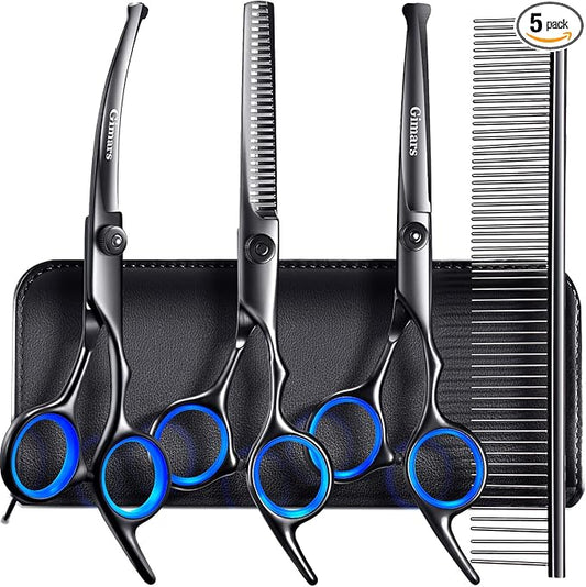 Gimars Dog Grooming Scissors Kit Professional 4CR with Safety Round Tip, 5 in 1 Heavy Duty Titanium Coated Thinning & Curved & Straight Shears