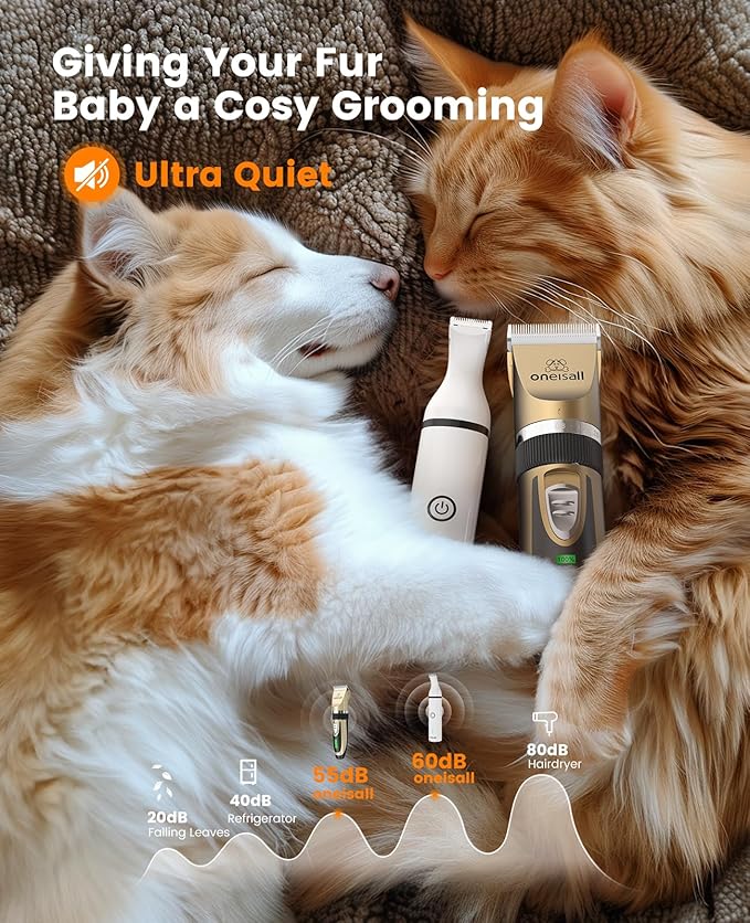 oneisall Dog Clippers and Paw Trimmer Kit 2 in 1 Low Noise Cordless Dog Clippers for Grooming Pet Hair Trimmers for Small and Large Dogs Cats Animals