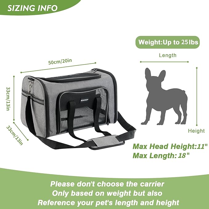 Soundy Large Cat Carrier Dog Carrier Under 25 Lbs,Collapsible Ventilated Portable Pet Bag with Soft Sided Breathable Mesh for Long Car Trips Maxi Load 2 Kittens or Small, Medium Dog (Large Grey)