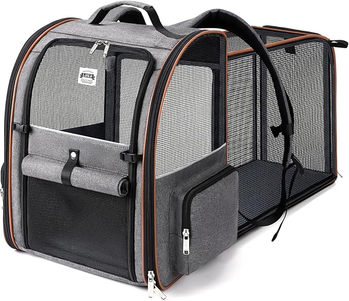 Lekebobor Cat Carrier Backpack, Expandable Pet Carrier with Sun Shade & Full Front Opening, Breathable Mesh Backpack for Small Dogs & Medium Cats Up to 18 Lbs, Foldable for Hiking, Camping (Grey)