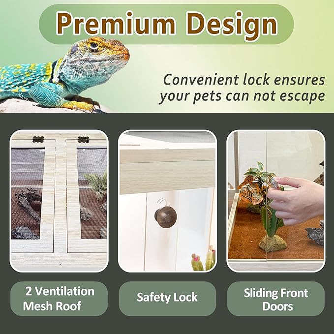 PROLEE Tempered Glass Bearded Dragon Tank,32 Gallon Reptile Tank with Meatl Mesh Roof and Front Sliding Door, Anti-Scratch Lizard Tank,Spacious Reptile Enclosure for Snakes,Lguanas, Chameleons (Oak)