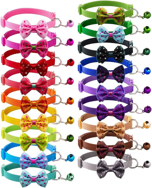 18Pcs Puppy Collars, Cat ID Collars with Bell Adjustable 19-32cm, Polka Dot Bow Soft Nylon Adjustable Breakaway Identification Collars for Puppy Kittens