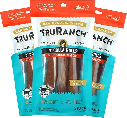 Collagen Rolls - 9" Collagen Rolls for Dogs - Long Lasting Healthy Joint Support - Rawhide Alternative - Skin & Coat Health - Made with Real Beef, Value Pack, 3 Bags, 9 Count