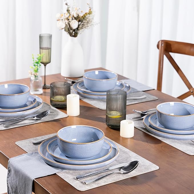 GBHOME Ceramic Dinnerware Sets for 6, 18 Pieces Stoneware Plates and Bowls Sets, Scratch Resistant Dish Sets for Dinner, Dishwasher & Microwave Safe, Brunnera Blue