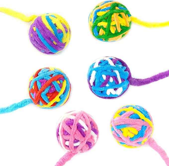 CHIWAVA 6 Pack 20" Woolen Yarn Cat Toys Ball with Bell 2" Large Indoor Cat Toy Balls Kitten Interactive Toys