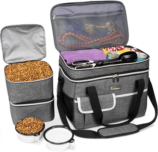 BAGLHER Dog Travel Bag for Supplies - Double-Layer Airline Approved Weekend Pet Travel Organizer Set for Dog and Cat Tote with 2 Pet Food Containers and 2 Collapsible Silicone Bowls Grey