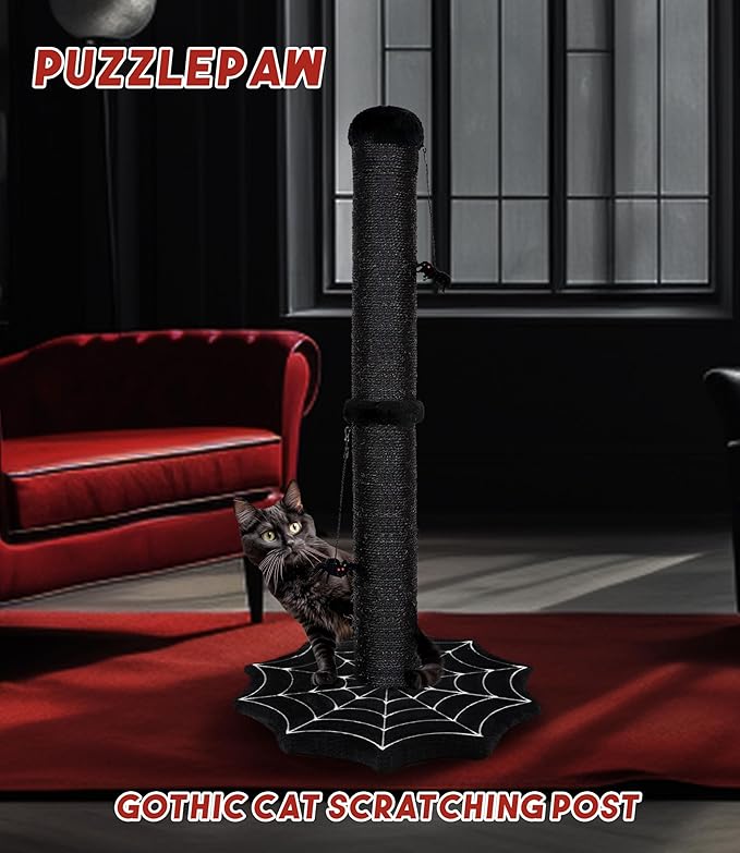 Gothic Cat Scratching Post with Spider Dangling Toys for Indoor Cats, Halloween Spooky Cat Scratcher,Activity Cat Play Center Goth Cat Tree Tower Furniture with Cobweb Base,Black