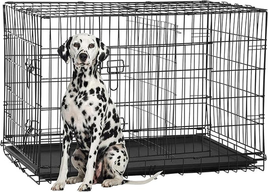 FDW Extra Large Dog Crate Dog Kennel Cage with Double Door,48 inch Folding Metal Wire Dog Cage with Removable Tray&Divider Panel,Pet Crate for Large Dogs,Black