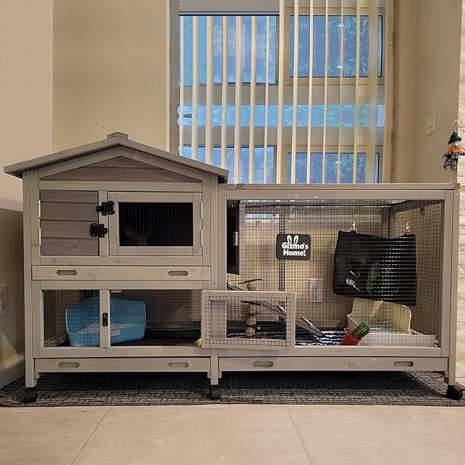 Bunny Cage Indoor and Outdoor Rabbit Hutch with Casters Waterproof Roof, Pull Out Tray from Back and Front 61.2" L x 22.6" W x 33.5" H