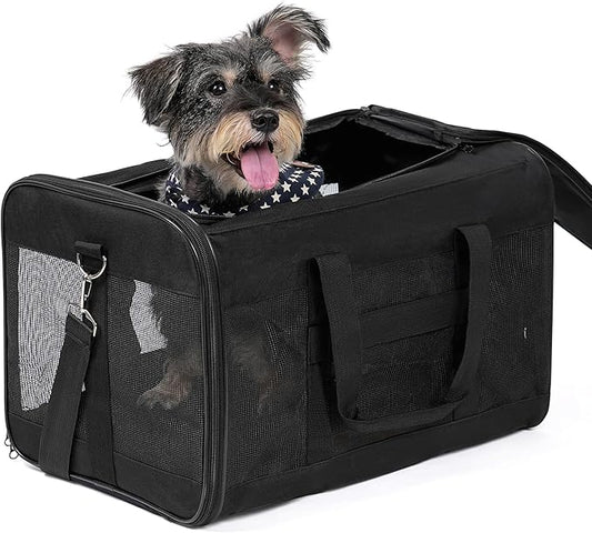 Dog Carrier Soft Sided, Large Cat Carrier with Inner Safety Leash, Pet Transport Carrier for Large Cats and Medium Dogs up to 20 Lbs, Collapsible Travel Puppy Carrier Bag -Black L
